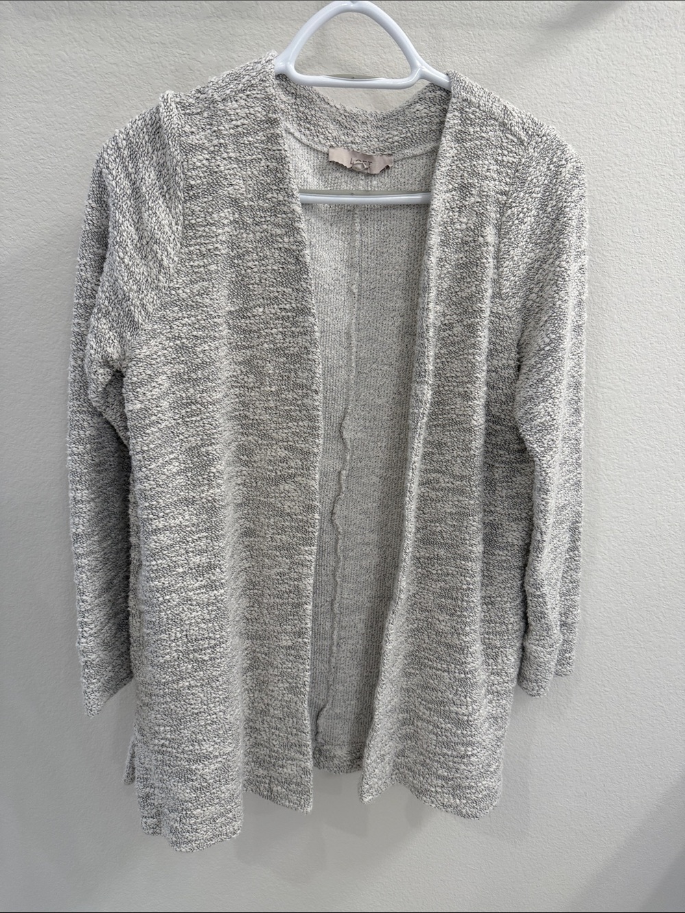 LOFT Open Front Gray Cream Knit Cardigan